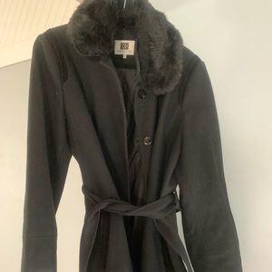 Black wool dress coat with faux fur and belted waist